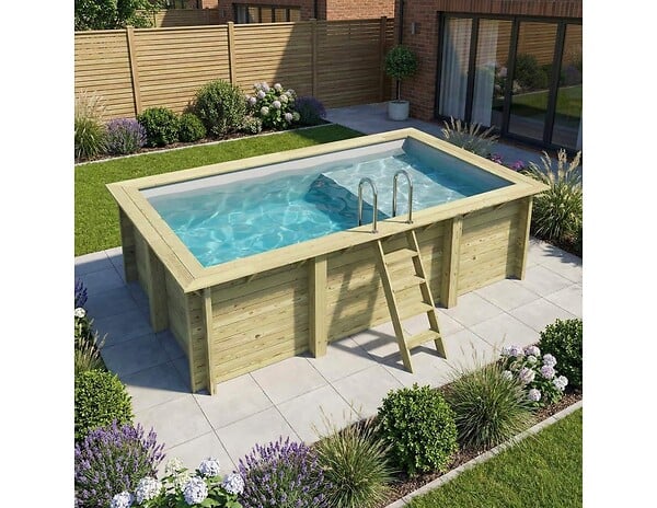ALTANKA - Piscine hors sol en bois AQUA 4.65 x 2.85 - H.1.24 m avec plage, gris clair, fixations à visser - BAS7306OSPL2+PLA306 - large