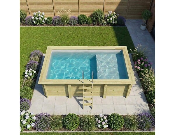 ALTANKA - Piscine hors sol en bois AQUA 4.65 x 2.85 - H.1.24 m avec plage, gris clair, fixations à visser - BAS7306OSPL2+PLA306 - large