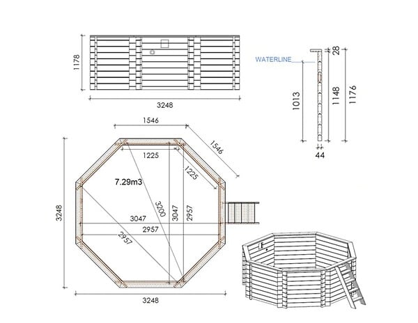 ALTANKA - Piscine hors sol en bois CORAL 3.25 x 3.25 - H.1.18 m, bleu pâle, autoportante - sans dalle - BAS7301OSP - large