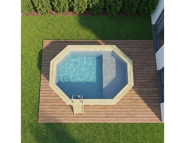 ALTANKA - Piscine hors sol en bois NEMO 4.3 x 3 - H.1.18 m avec plage, gris clair, fixations à sceller - BAS7302OSPI2+PLA302 - large
