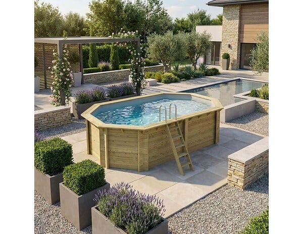 ALTANKA - Piscine hors sol en bois NEMO 5.79 x 3.49 - H.1.45 m avec plage, gris clair, cadre en métal - sans dalle - BAS7304OSPU2+PLA304 - large