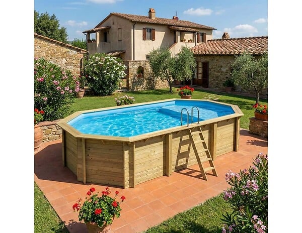 ALTANKA - Piscine hors sol en bois NEMO 7.3 x 3.97 - H.1.45 m avec plage, bleu pâle, fixations à sceller - BAS7305OSPI+PLA305 - large