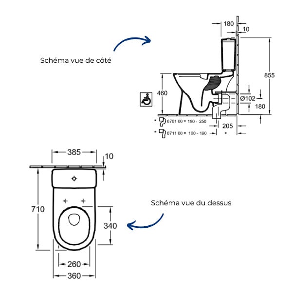 VILLEROY ET BOCH - WC à poser sans bride surélevé sortie horizontale O.novo avec abattant frein de chute + Nettoyant - large