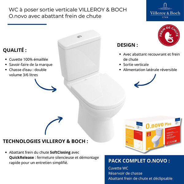 VILLEROY ET BOCH - WC à poser sortie verticale O.novo avec abattant frein de chute + nettoyant - large