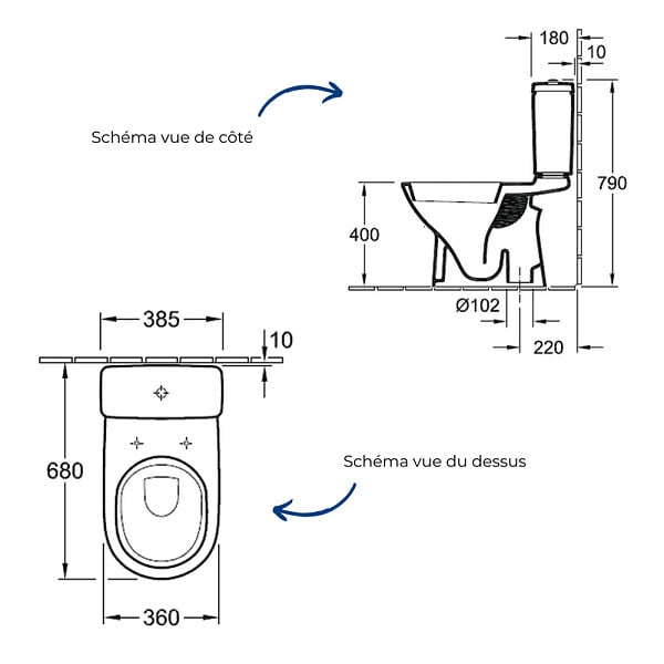 VILLEROY ET BOCH - WC à poser sortie verticale O.novo avec abattant frein de chute + nettoyant - large