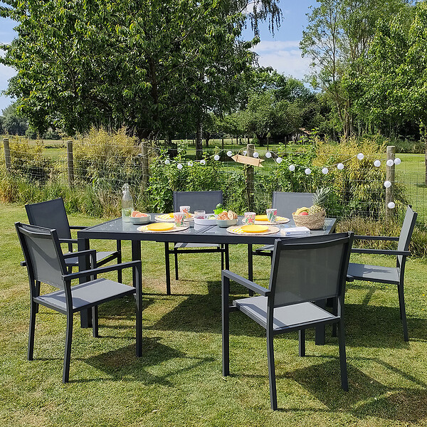 HAPPY GARDEN - Salon de jardin FIRENZE extensible en textilène gris 8 places - aluminium anthracite - large