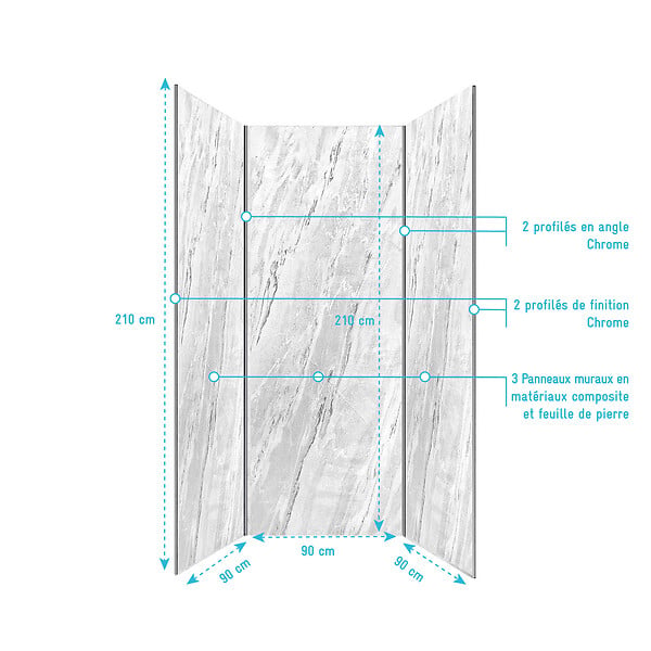 AURLANE - Pack 3 Panneaux Muraux Pierre Artic Storm 90x210cm et Profilés Chrome - STONE'IT - large