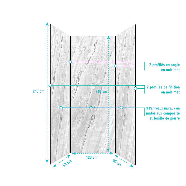AURLANE - Pack 3 Panneaux Muraux Pierre Artic Storm 90+120+90 x 210cm et Profilés Noirs - STONE'IT - large