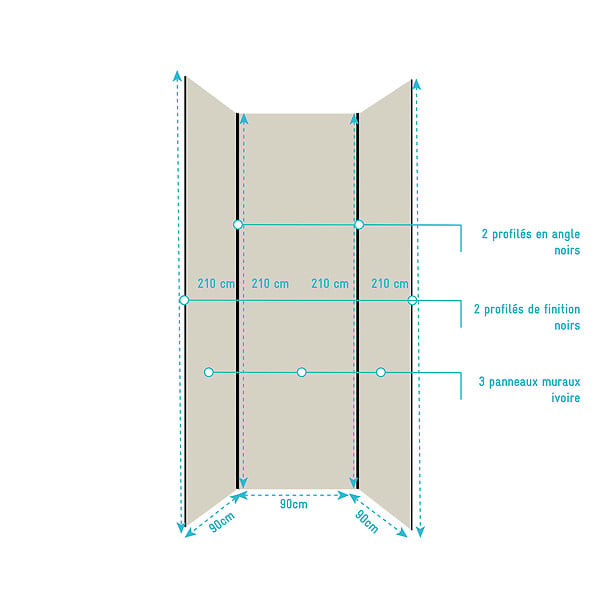 AURLANE - Pack de 3 Panneaux Muraux Aluminium Ivoire 90x210 cm avec Profilés Noirs - WALL'IT - large