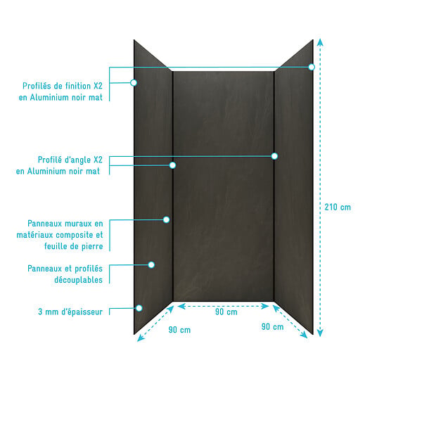 AURLANE - Pack 3 Panneaux Muraux Pierre Ardoise 90x210cm et Profilés Noirs - STONE'IT - large
