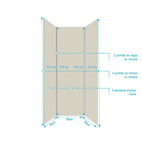 AURLANE - Pack 3 Panneaux Muraux Aluminium Ivoire 90x210 cm avec Profilés Chrome - WALL'IT - large
