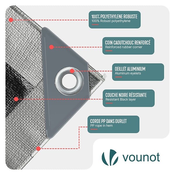 VOUNOT - Bâche de Protection en Polyéthylène resistant et impermeable 180g/m² gris et noir 2x3m - large