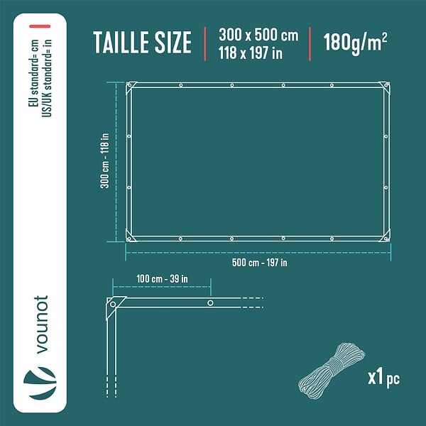 VOUNOT - Bâche de Protection en Polyéthylène resistant et impermeable 180g/m² gris et noir 3x5m - large
