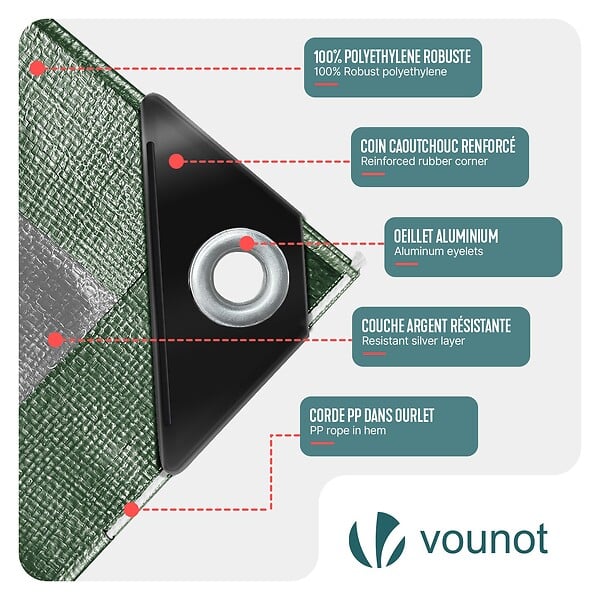VOUNOT - Bâche de Protection en Polyéthylène resistant et impermeable 240g/m² vert et argent 1.5x6m - large