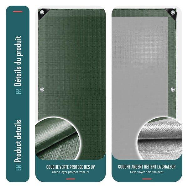 VOUNOT - Bâche de Protection en Polyéthylène resistant et impermeable 240g/m² vert et argent 1.5x6m - large