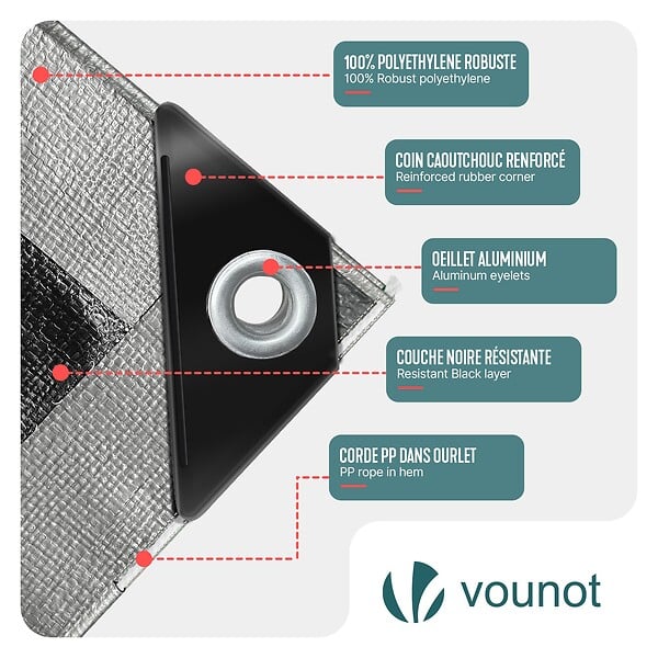VOUNOT - Bâche de Protection en Polyéthylène resistant et impermeable 240g/m² gris et noir 4x8m - large