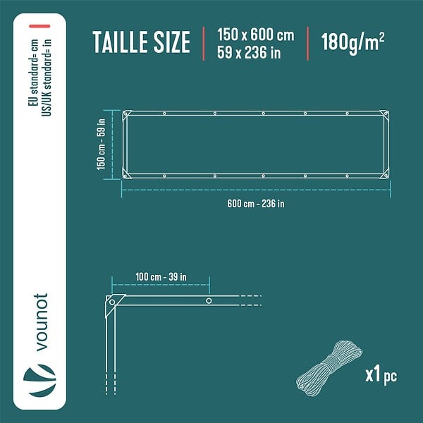 VOUNOT - Bâche de Protection en Polyéthylène resistant et impermeable 180g/m² gris et noir 1.5x6m - large