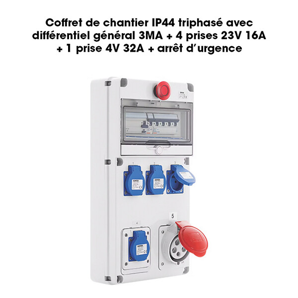 BATILEC - Coffret de chantier triphasé IP44 avec différentiel 3MA, 4 prises 230V 16A, 1 prise 400V 32A et arrêt d'urgence intégré-GEWISS - large