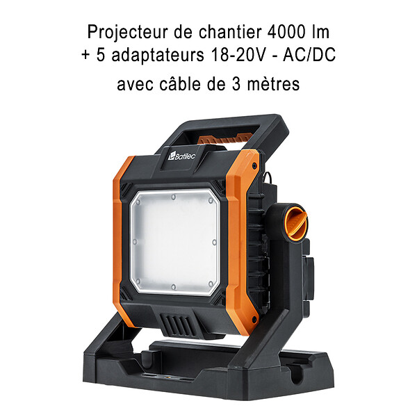 BATILEC - BATILEC Projecteur hybride chantier 4000lm batterie + câble 3m avec 5 adaptateurs - large