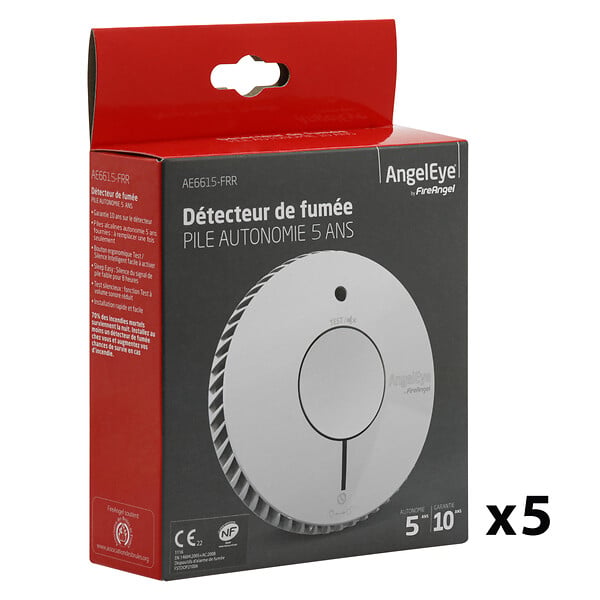 ANGELEYE - AngelEye Lot de 5 détecteurs de fumée NF autonomie 5ans-garantie 10 ans - large