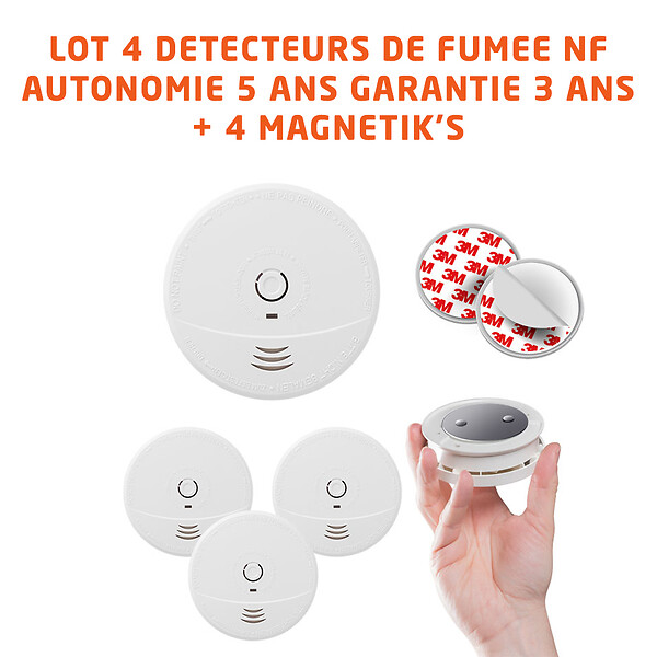 EVACUATE - EVACUATE Lot de 4 détecteurs de fumée NF avec supports aimantés de fixation autonomie 5 ans garantie 3 ans - large