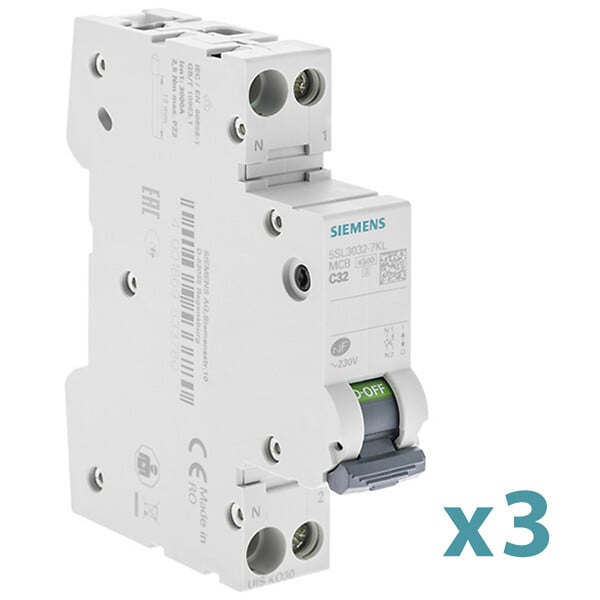 SIEMENS - SIEMENS Lot de 3 Disjoncteurs électriques phase + neutre 32A - large