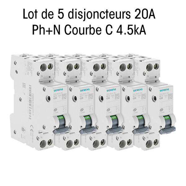 SIEMENS - SIEMENS - Lot de 5 disjoncteurs électriques phase + neutre 20A KNX - large