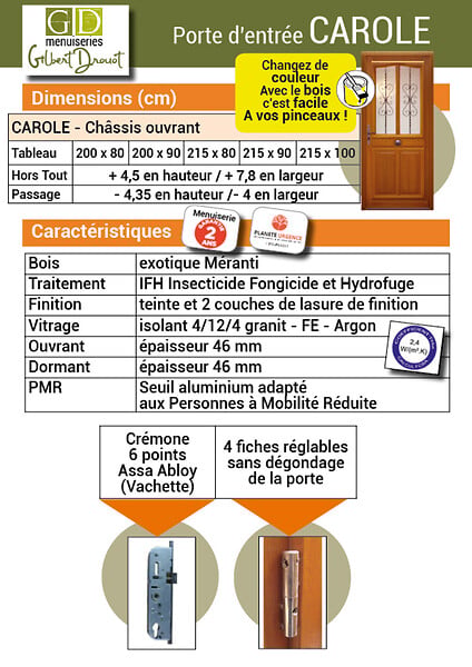 GD MENUISERIES - Porte d'entrée Bois Tiercée Carole H215xL140 cm Côte Tableau p.Droit - large