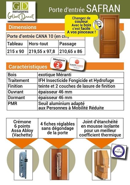GD MENUISERIES - Porte d'entrée Bois Pleine Safran, H215 x L90 cm Côte Tableau p. Gauche, (Poignée, Barillet ref 010723NO) - large