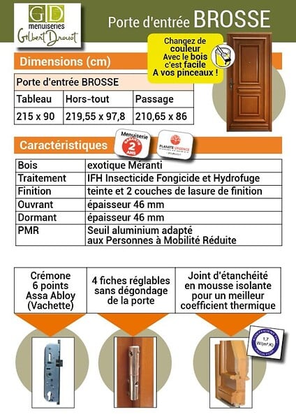 GD MENUISERIES - Porte d'entrée Bois Pleine Tahi 1, H215 x L90 cm Côte Tableau p. Gauche (Poignée, Barillet ref 010403FP) - large