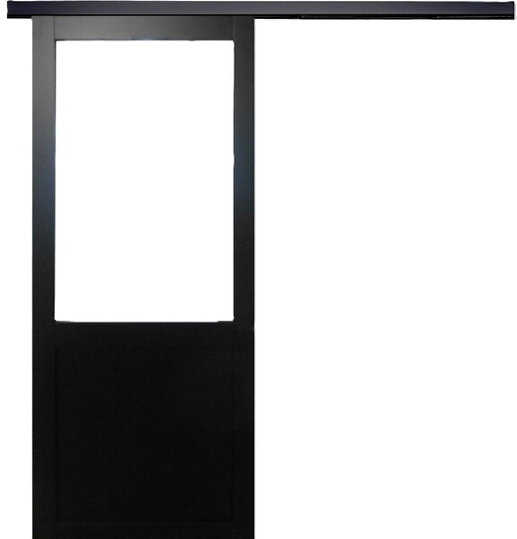 GD MENUISERIES - Porte Coulissante Atelier Noir Vitrée H204 x L93 cm sans meneau, Rail alu Bandeau Noir - large