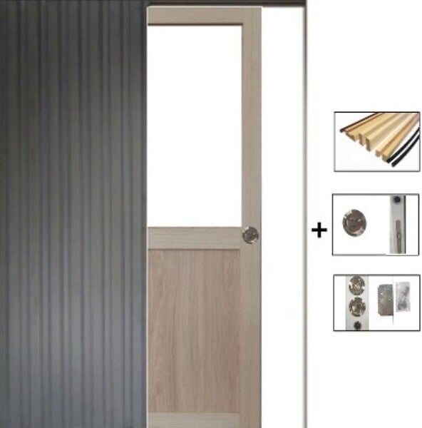 GD MENUISERIES - Porte Coulissante Atelier placage chene Vitrée H204 x L73 cm, Galandage, kit finition - large