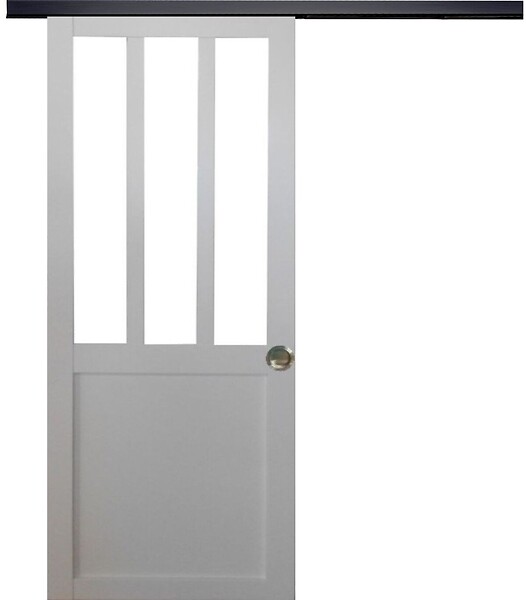 GD MENUISERIES - Porte Coulissante Atelier blanc H204 x L73 cm, Rail Alu bandeau noir, Coquilles - large