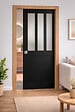 GD MENUISERIES - Porte Coulissante Atelier Noir vitre depoli H204 x L73 cm, Galandage, kit finition - vignette
