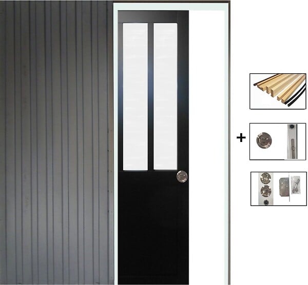 GD MENUISERIES - Porte Coulissante Atelier Noir vitre depoli H204 x L73 cm, Galandage, kit finition - large