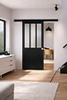 GD MENUISERIES - Porte Coulissante Atelier Noir vitre depoli H204 x L83 cm, Rail alu Bandeau Noir, Coquilles - vignette