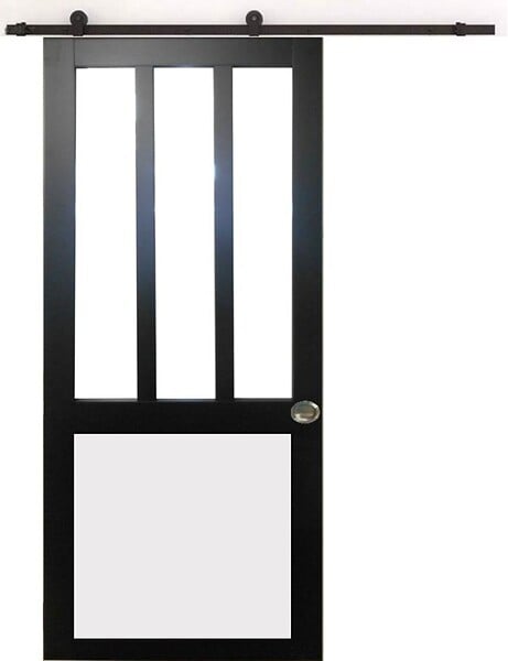 GD MENUISERIES - Porte Coulissante Atelier noir, blanc Vitrée H204 x L73 cm, Rail Roulettes, Coquilles - large