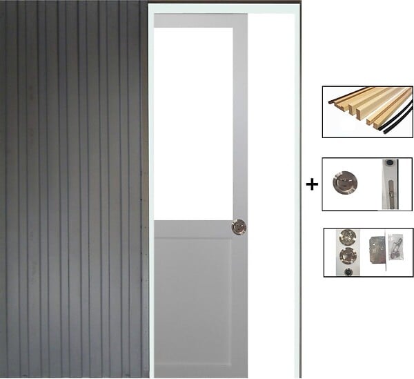 GD MENUISERIES - Porte Coulissante Atelier Blanc H204 x L93 cm sans meneau, Galandage, kit de finition - large