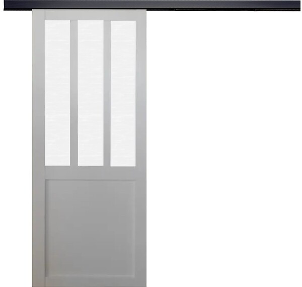 GD MENUISERIES - Porte Coulissante Atelier blanc vitre depoli H204 x L73 cm, Rail Alu bandeau noir - large