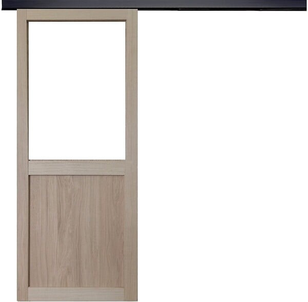 GD MENUISERIES - Porte Coulissante Atelier placage chene Vitrée H204 x L83 cm, Rail Alu bandeau noir - large