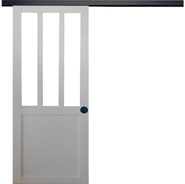 GD MENUISERIES - Porte Coulissante Atelier blanc H204 x L83 cm, Rail Alu bandeau noir, Coquilles Noir - large