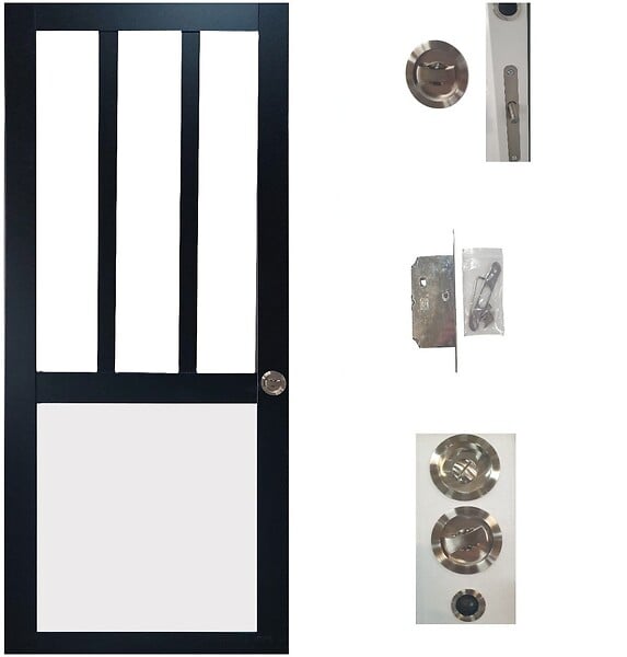 GD MENUISERIES - Porte Coulissante Atelier noir, panneau blanc Vitrée H204 x L73 cm, serrure condamnation - large