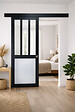 GD MENUISERIES - Porte Coulissante Atelier noir, blanc Vitrée H204 x L83 cm, Rail Alu Bandeau Noir, Coquilles - vignette