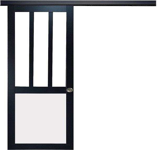 GD MENUISERIES - Porte Coulissante Atelier noir, blanc Vitrée H204 x L73 cm, Rail Alu Bandeau Noir, Coquilles - large