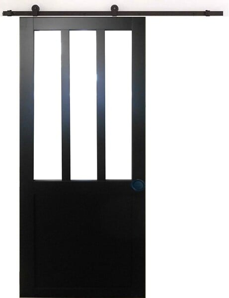 GD MENUISERIES - Porte Coulissante Atelier Noir H204 x L93 cm, Rail roulettes, Coquilles Noir - large
