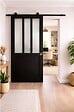 GD MENUISERIES - Porte Coulissante Atelier Noir vitre depoli H204 x L93 cm, Rail Roulettes, Coquilles - vignette