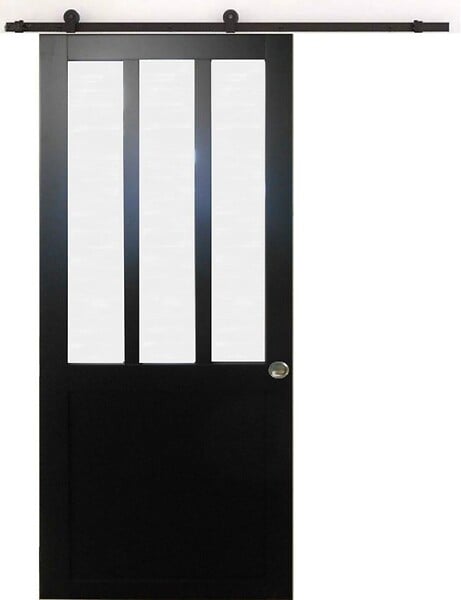 GD MENUISERIES - Porte Coulissante Atelier Noir vitre depoli H204 x L93 cm, Rail Roulettes, Coquilles - large