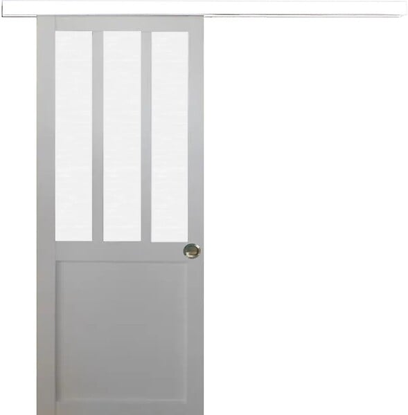 GD MENUISERIES - Porte Coulissante Atelier Blanc vitre depoli H204 x l93 cm, Rail alu Bandeau Blanc, Coquilles - large