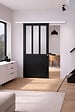 GD MENUISERIES - Porte Coulissante Atelier Noir vitre depoli H204 x L93 cm, Rail Alu Bandeau blanc, Coquilles - vignette