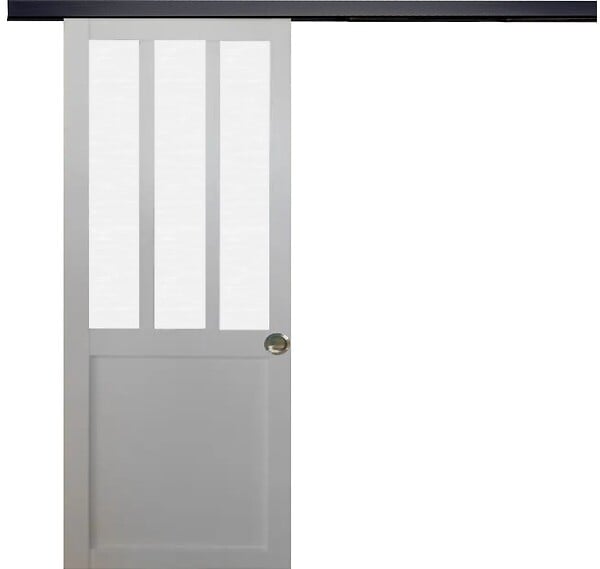 GD MENUISERIES - Porte Coulissante Atelier blanc vitre depoli H204 x L93 cm, Rail Alu bandeau noir, Coquilles - large